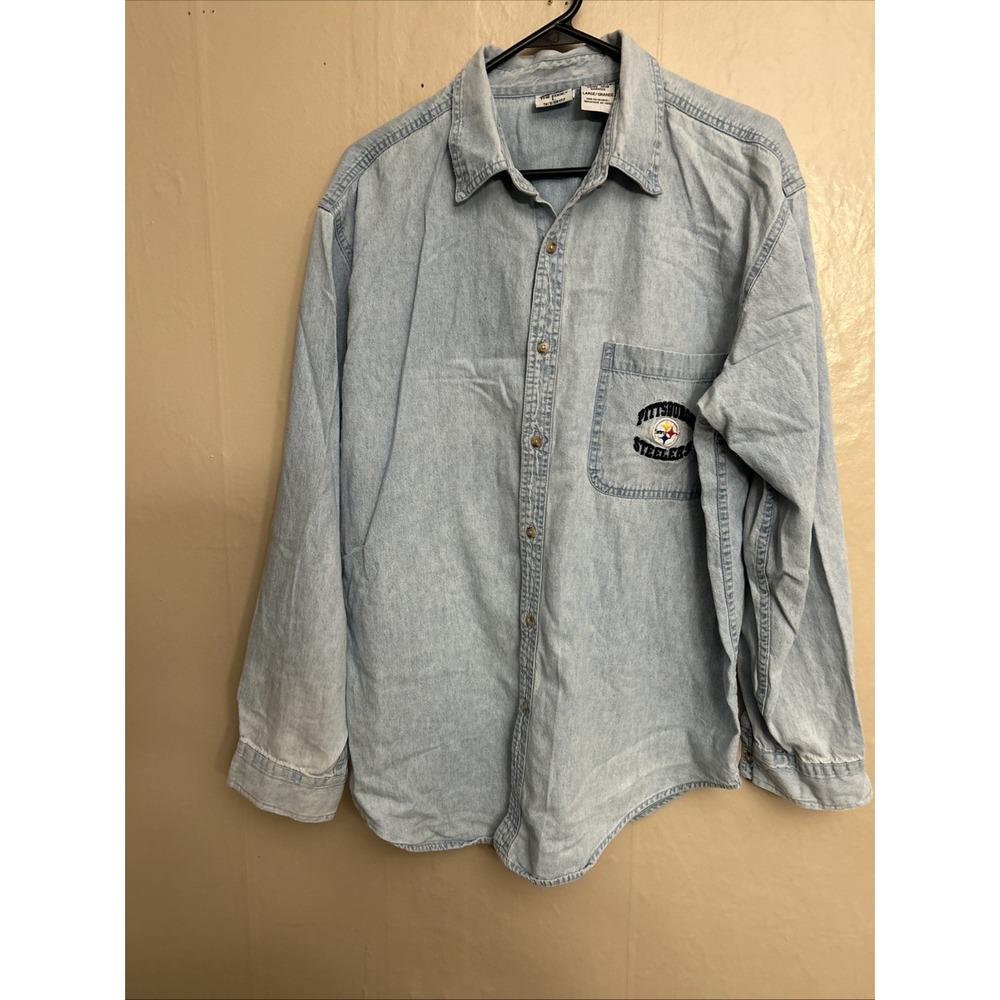 The Edge Large‎ Light Denim Blue Pittsburgh Steelers Button Front Shirt 90's